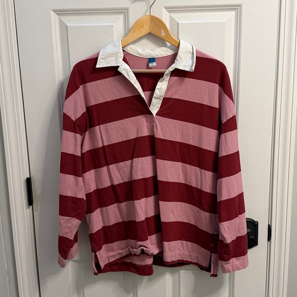 OLD NAVY Pink & Maroon Striped Long Sleeve Collared Rugby Polo Shirt Size L